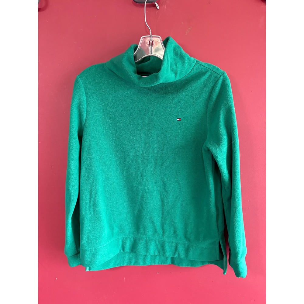 Tommy Hilfiger Mens Green Fleece Turtleneck Pullover Flag Logo Sweatshirt Small
